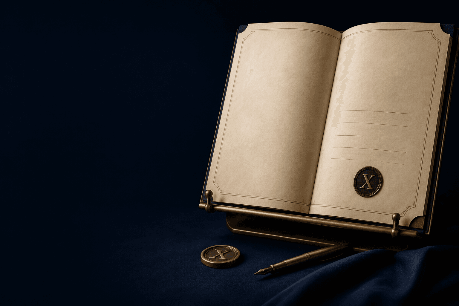 Open parchment contract on a brass stand with a pen and EX MULTIS seal